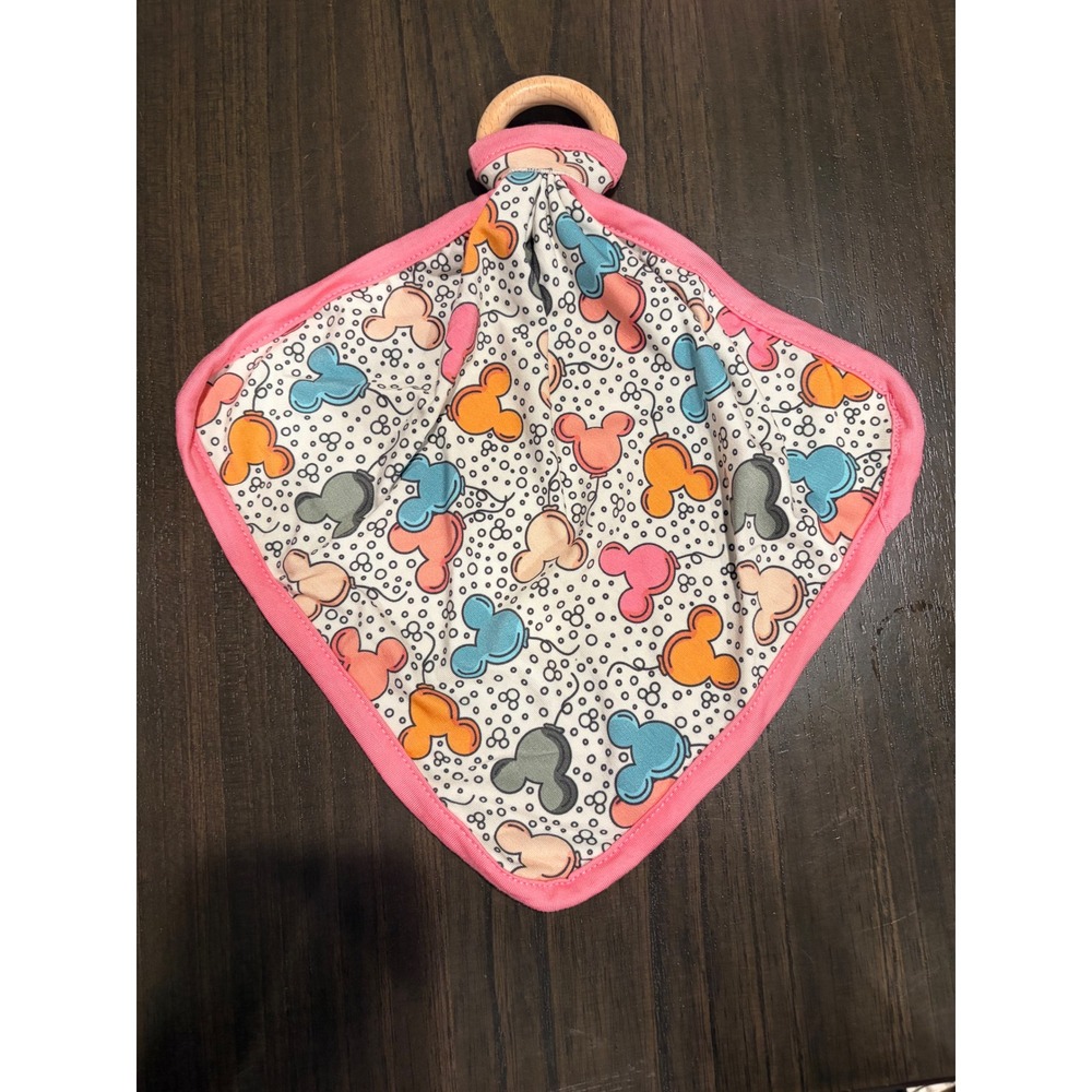 Disney Mickey Mouse Balloon Baby Lovey Security Blanket with Wooden Teether Ring